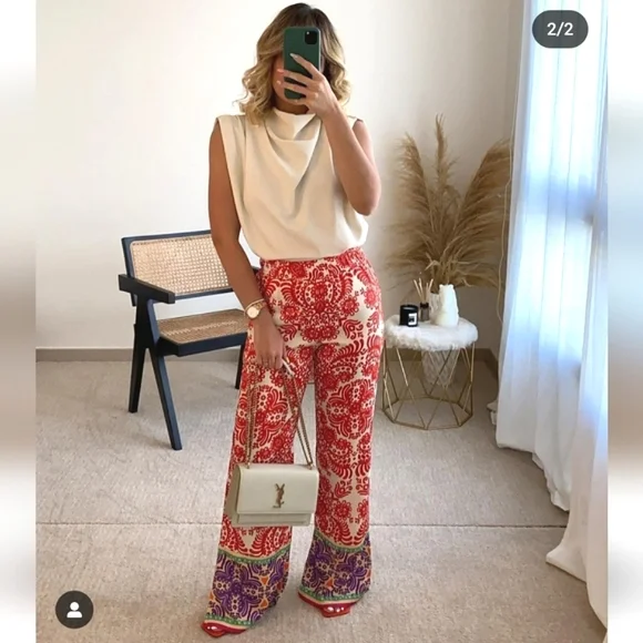 Zara * satin red printed wide leg pants Size XS - Picture 5 of 13